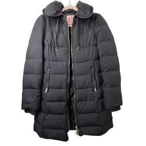 Sm Y2k Vtg Juicy Couture Black Down Midlength Puffer Coat Winter Quilted Gold